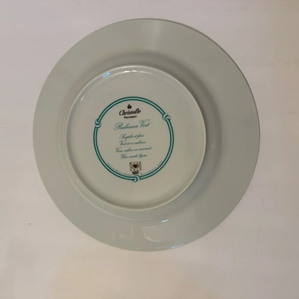 CHRISTOFLE RUBANEA VERT DINNER PLATE PORCELAIN WHITE GREEN GOLD FRANCE 10.5”